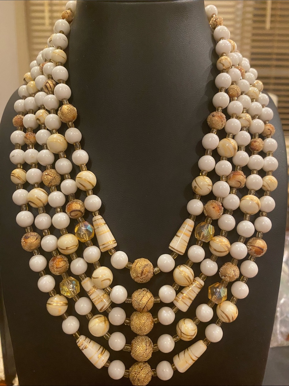 J A P A N Multi-Strand White and Gold Beaded Statement Necklace